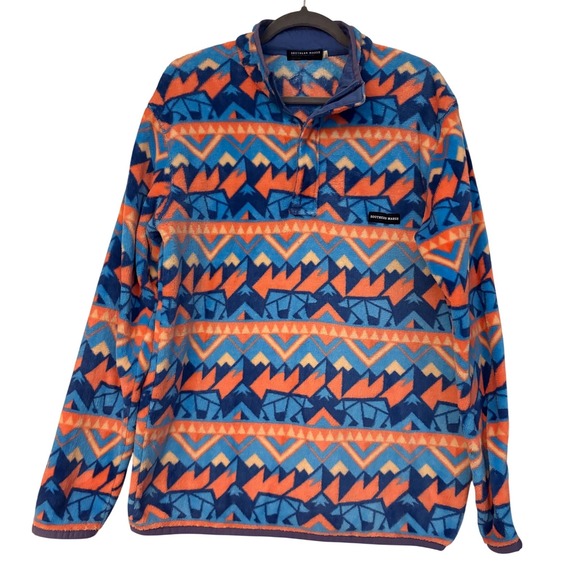 Southern Marsh Tops - Southern Marsh Fairbanks Pullover Blue Orange Geometric Fleece 1/4‎ Zip HGTN566